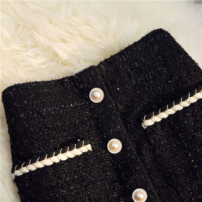 Black White Tweed Long Skirts Women Autumn Winter New Bright Silk Skirt Female Vintage High Waist A-line Wrap Skirt Office Lady