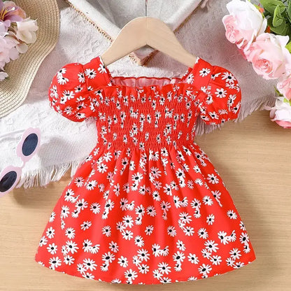 2025 Summer Children Fashion Print Dress Girls Korean Version Style Short Sleeves Small Daisy Dress 0-2Years Baby Princess Dress