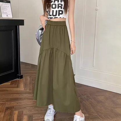 Spring Summer Women Chiffon Skirts Vintage High Waist Elastic Patchwork White Black Chic Long Cake A-line Skirt for Student