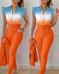 Womens Elegant Slim Two-Piece Sets Summer Fashion Print V Neck Button Flying Sleeve Shirt Top & Solid Long Pants Suits With Belt