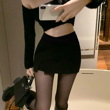 2025 Black Split Mini Skirts Women Summer Club High Waist Slit Skirt Streetwear Korean Party Fashion Irregular Slim A Line Skirt