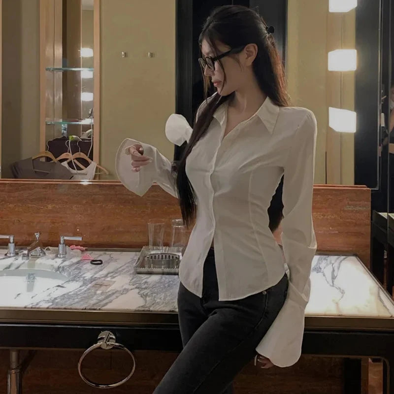 Fashion Women Bandage Shirts Korean All Match Streetwear Female Slim Blouse Spring Casual White Bell Sleeve Shirt New
