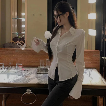 Fashion Women Bandage Shirts Korean All Match Streetwear Female Slim Blouse Spring Casual White Bell Sleeve Shirt New