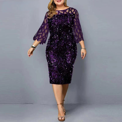 Elegant Sequin Plus Size 4XL 5XL Women Midi Dress Sexy Casual Evening Party Dress Gown Wedding Luxury Robe Rouge Vestidos