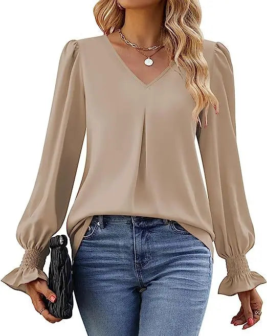 Women's New Solid Color Chiffon Shirt V-neck Pullover Flared Long Sleeved Top Shirt Office Lady Elegant Khaki Loose Blouse