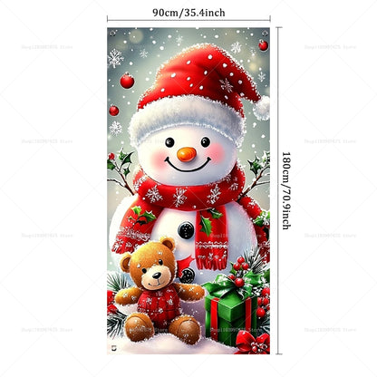 Christmas Decorations Door Cover Banner Cute Snowman Bear Gift Backdrop Xmas Party Indoor Outdoor Background Decor Supplies