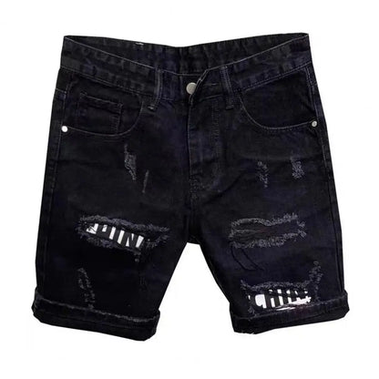 Summer Men Ripped Patchwork Denim Shorts Straight Button Zipper Pockets Shorts Knee-Length Denim Short Pants