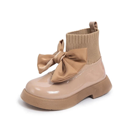 Children's Boots Fashion PU Solid Black Bow Girls Uniform 2025 Spring and Autumn New Kids Fashion Flying Knit School Socks Shoes
