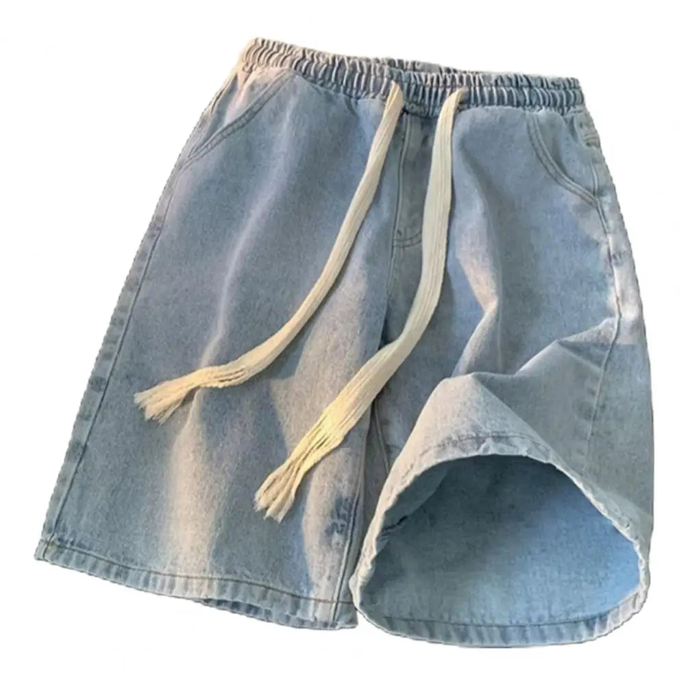 Men Wide-leg Denim Shorts Men's Quick-drying Denim Beach Shorts With Elastic Drawstring Waistband Pockets Summer Wide Leg Shorts
