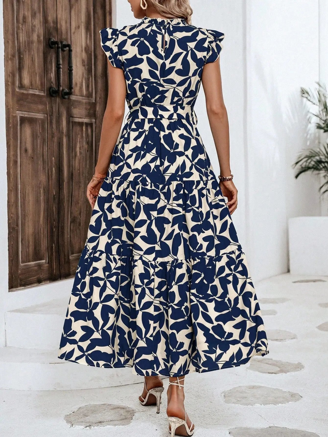 Elegant Women's Flower Midi Dress New Summer Fashion Stand Collar Flying Sleeve Lace Up Dress Casual Beach Holiday Dresses Robe