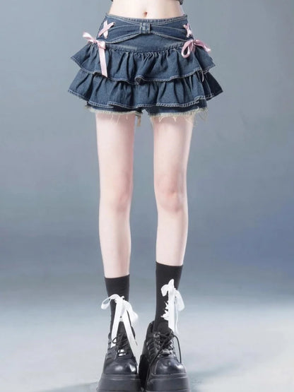 Blue Denim Pleated Skirt Bow Fold Design Women's A-line Short Skirt Built in Shorts American Spicy Girl Korean Fashion Hot sweet