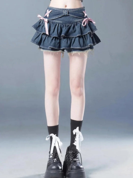 Blue Denim Pleated Skirt Bow Fold Design Women's A-line Short Skirt Built in Shorts American Spicy Girl Korean Fashion Hot sweet
