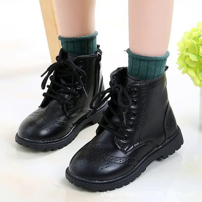 Kids Casual Boots PU Leather Black Zipper for Boys Girls Cross-tied Children Ankle High Boots Anti-skid Round Toes Soft Quality