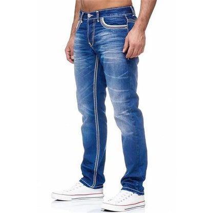 Vintage Men Jean Denim Pants Washed Pockets Mid Waist Zipper Fly Loose Fit Punk Style Distressed Ankle Length Straight Jeans