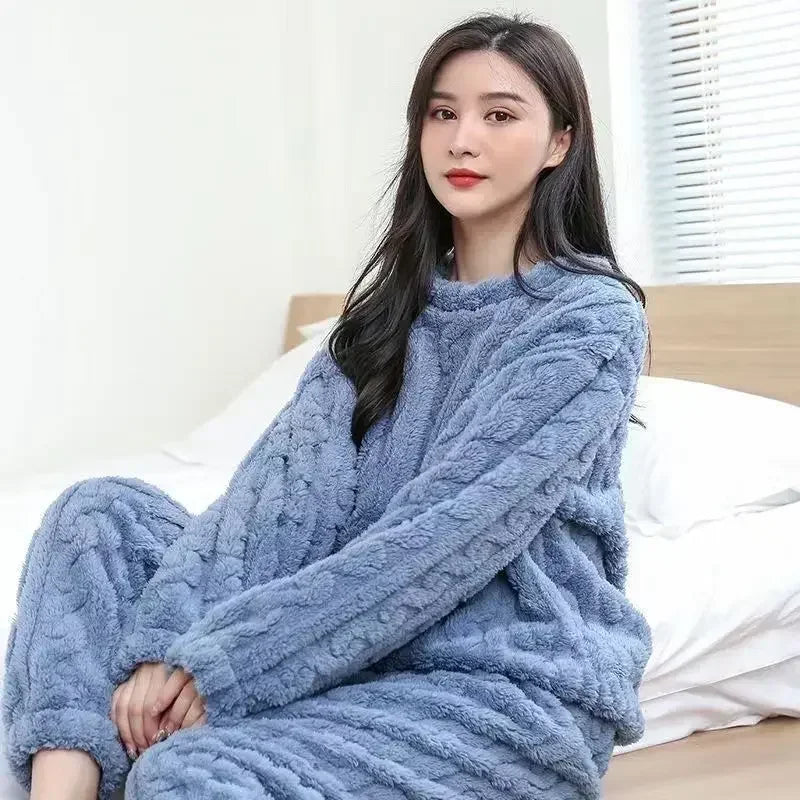 Fleece Women Pajamas Set Winter Sleepwear Solid Velvet 2 Piece Pant Home Suit Fluffy Casual Pajama Warm O-neck Night Wear