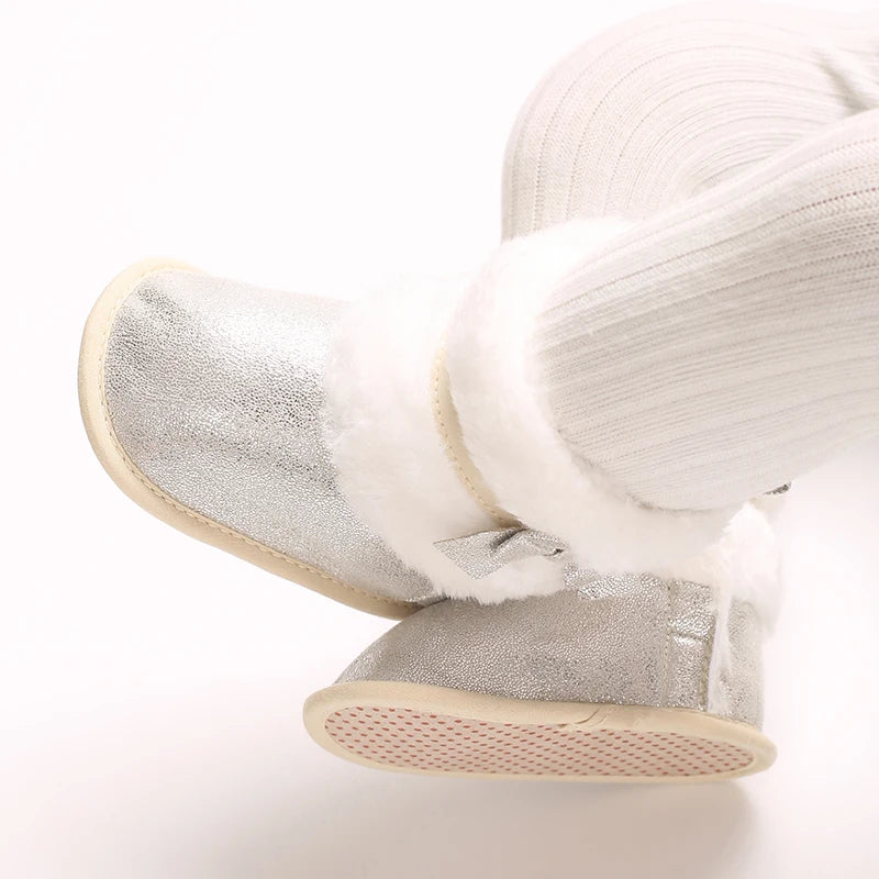 Suefunskry Newborn Baby Girl Winter Warm Plush Boots Shiny Flats with Cute Bows Casual Walking Shoes for Toddler Infant