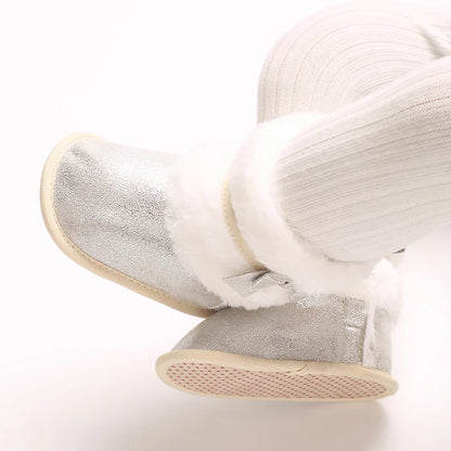 Suefunskry Newborn Baby Girl Winter Warm Plush Boots Shiny Flats with Cute Bows Casual Walking Shoes for Toddler Infant