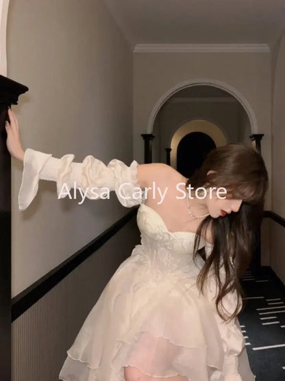 Elegant Ruffles Chic Fairy Dress Women White Sweet Korean Style Princess Dress Female 2025 Summer Slash Neck Casual Party Dress