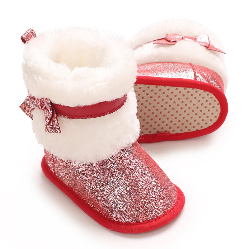 Suefunskry Newborn Baby Girl Winter Warm Plush Boots Shiny Flats with Cute Bows Casual Walking Shoes for Toddler Infant