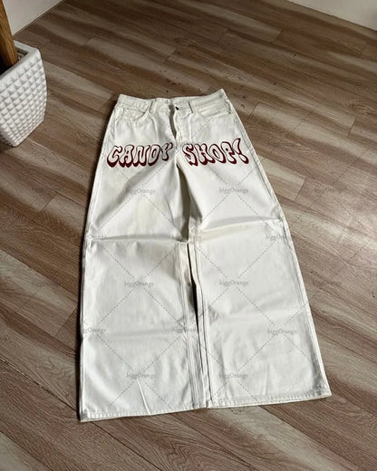 Y2K Harajuku Retro Washed Baggy Jeans Street Hip-hop Anime Printed Wide Pattern Straight Pants Men Trendy Brand Casual Trousers