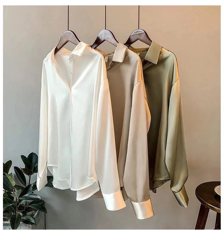 Spring Fashion Button Satin Silk Shirt Hong Kong Style Retro Shirt Women's White Top Women's Long sleeved Women's Loose Street