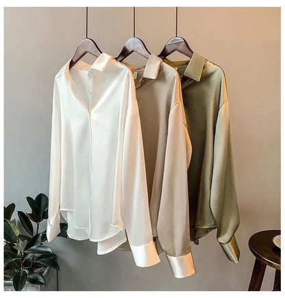 Spring Fashion Button Satin Silk Shirt Hong Kong Style Retro Shirt Women's White Top Women's Long sleeved Women's Loose Street