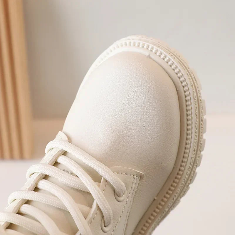 2025 Beige Girls Boots Side Zipper Simple Non-slip Casual Kids Shoes Versatile Soft Boys Britain Style Children Short Boots PU