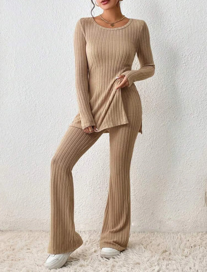 Autumn Winter Women's Clothing New Style Solid Color Sexy Casual Long Sleeved Round Neck Slit Fashion Temperament Two-piece Set