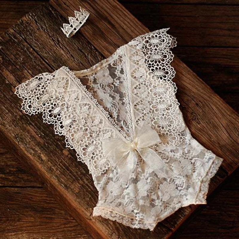 2 Pcs 0-1 Month Newborn Photography Props Baby Headband Lace Romper Bodysuits Outfit Girl Costume Photo Clothing