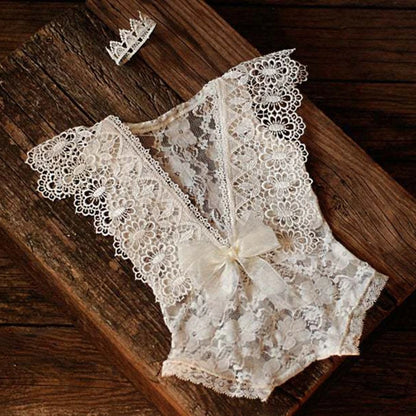 2 Pcs 0-1 Month Newborn Photography Props Baby Headband Lace Romper Bodysuits Outfit Girl Costume Photo Clothing