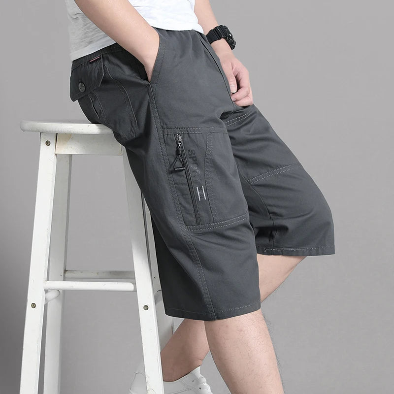 Men's Cargo Shorts Knee Pants Zipper Pocket Summer Cotton Shorts Climbing Jogger Elastic Waist Sports Wear