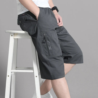 Men's Cargo Shorts Knee Pants Zipper Pocket Summer Cotton Shorts Climbing Jogger Elastic Waist Sports Wear