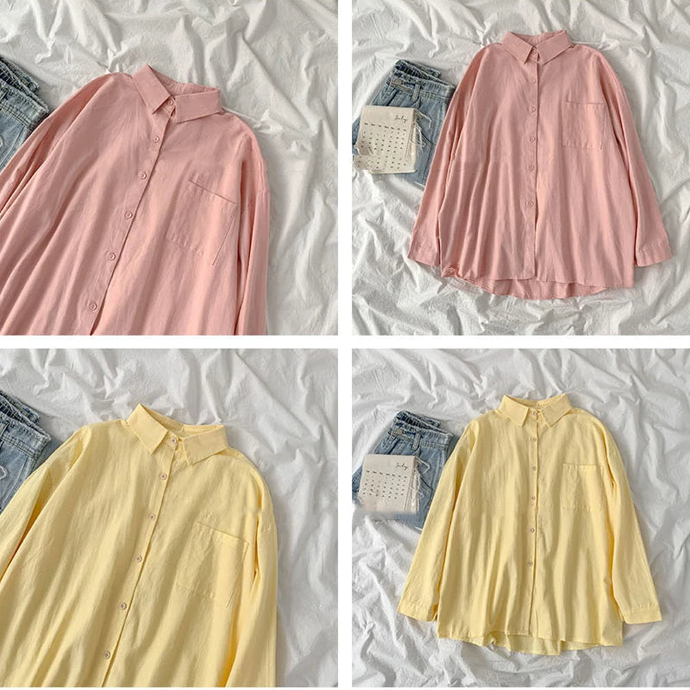 Solid White Shirt Women Casual Turn Down Collar Long Sleeve Pocket Women's Tops And Blouses Spring Office Lady Plus Size Shirts