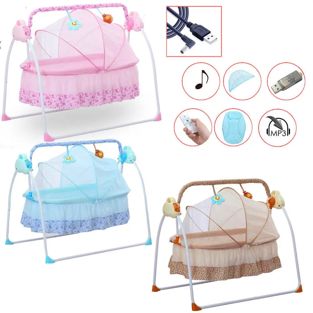Electric Baby Cradle Auto Swing Rocker Cot Infant Sleeping Bed Swing Crib Kit Timer +Bluetooth Music +Mat +Pillow 5Gears Adjustable