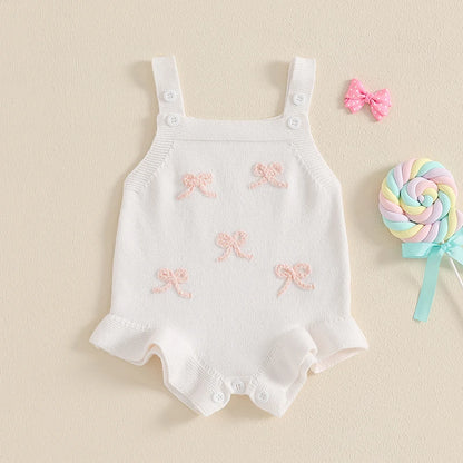 Suefunskry Baby Girl Overalls, Sleeveless Bows Pattern Knit Romper Bodysuit Spring Fall Clothes for Casual Daily