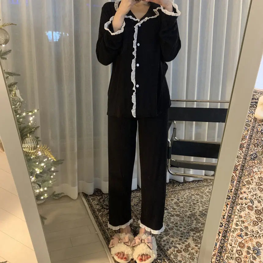 Korean Style Cute Pajama Woman Winter Autumn Sleepwear Lady Long Sleeve Tops Pants 2Piece Pajamas Solid Lingerie's Sets Nightwear