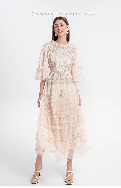Runway Luxury Long Dresses Women 2025 Summer Holiday Embroidery Flower Ruffles Midi Party Evening Dress Lady Prom Vestidos