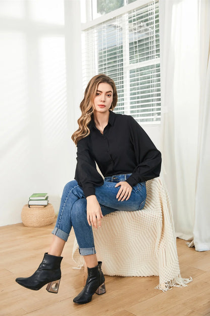 Lantern Sleeves Vintage Shirts Women Elegant White Women's Blouse with Lush Sleeves 2025 Fashion Button Up Shirt Black dropship