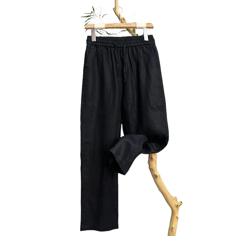 Linen Natural Pure Skin Breathable Summer Pure Color Fashion Linen Slim Fit Men Loose 100% Linen Straight Flax Casual Pants