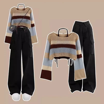 Women's Spring Vintage Hollow Stripe Long Sleeved Knitwear+ Strap+ Cargo Pants Suit Korean Elegant Sweater Trousers Matching Set
