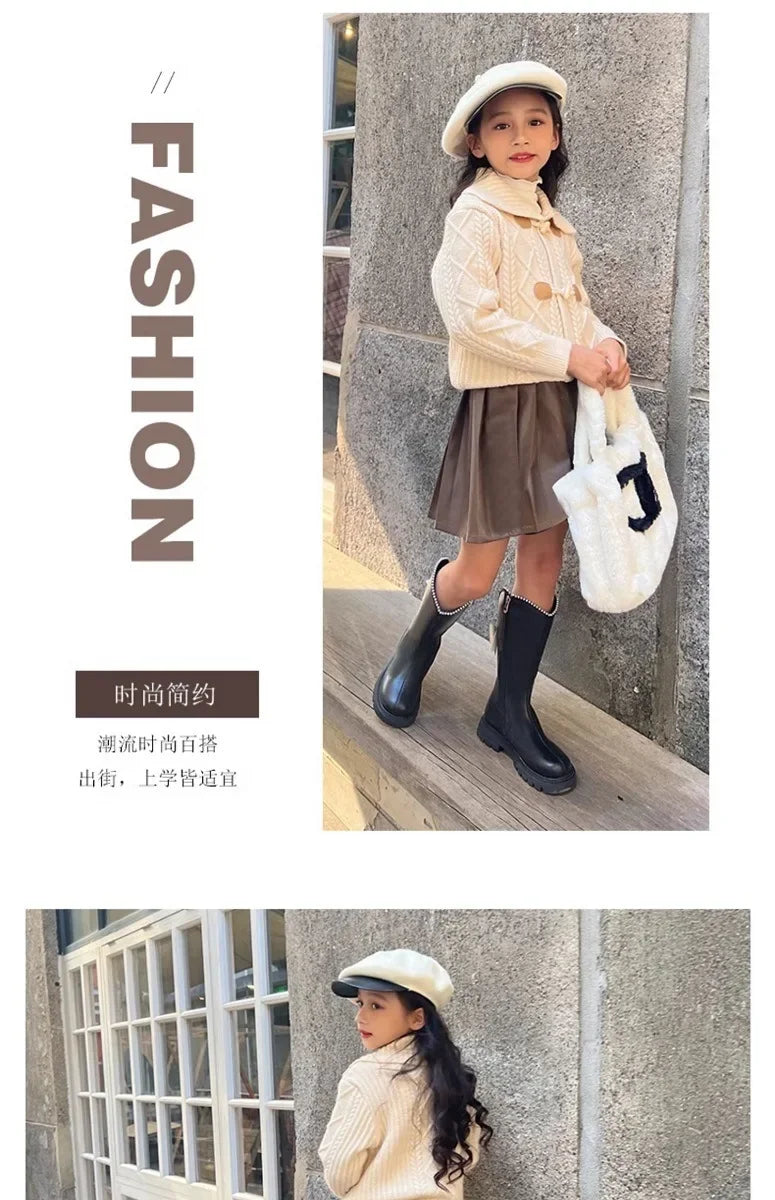 Long Boots for Girls and Children 2025 New Winter Long Leather Boots Princess Foreign Girls Plus Cashmere Shoes