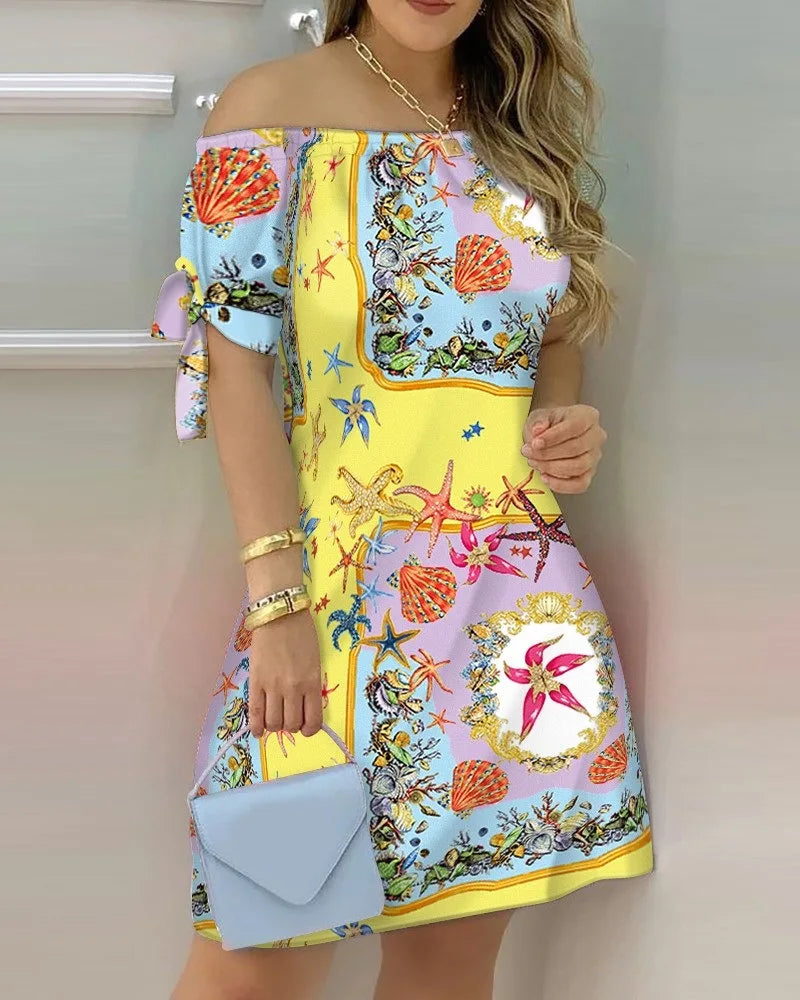 Fashionable Sexy Women's Print Dress Women's Word Shoulder Short -sleeved A -line Dress Ladies Off The Shoulder Mini Dresses