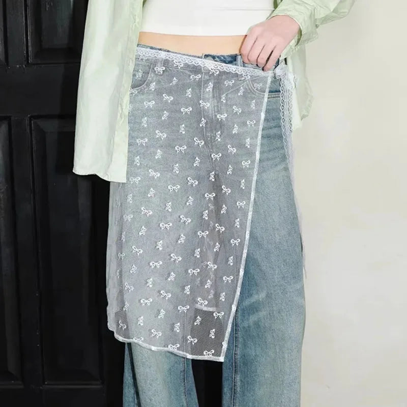 New Fashion Lace Layered Gauze Skirt with Tie Up Spicy Girl Stacked Skirt Y2k Streetwear Apron Wrap Skirt Lace Up Matching Pants