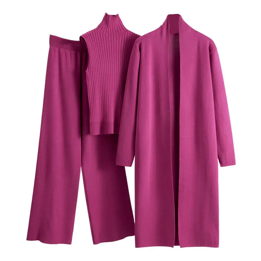 3 Pcs/Set Women Sweater Coat Vest Pants Knitted Turtle Neck Sleeveless Sweater Mid Length Cardigan Fall Winter Two Pieces Set