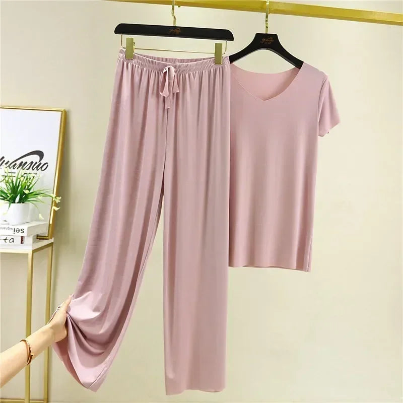 Female Home Clothes 2 Pieces Set Lady Home Suit Summer Women Lounge Wear Autumn Loose Home wear Suit for Women Pajamas Pants Set