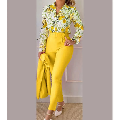 Elegant Women Printed Two Piece Suit Sets Spring Autumn V Neck Long Sleeve Shirt Top & Long Pants Set With Belt Workwear Outfits