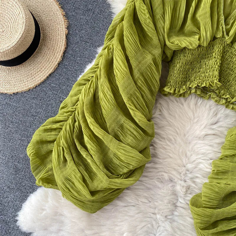 Women Sexy Chiffon Short Blouse Female See Through Super Long Sleeve Purple/Green/Black/White Folds Party Tops 2025 New