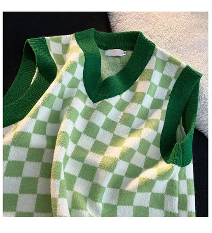 Men's Checkerboard Plaid V-neck Knitted Vest Female Spring Autumn Loose Couple Sweater Coat Sleeveless Vests Casual Tops