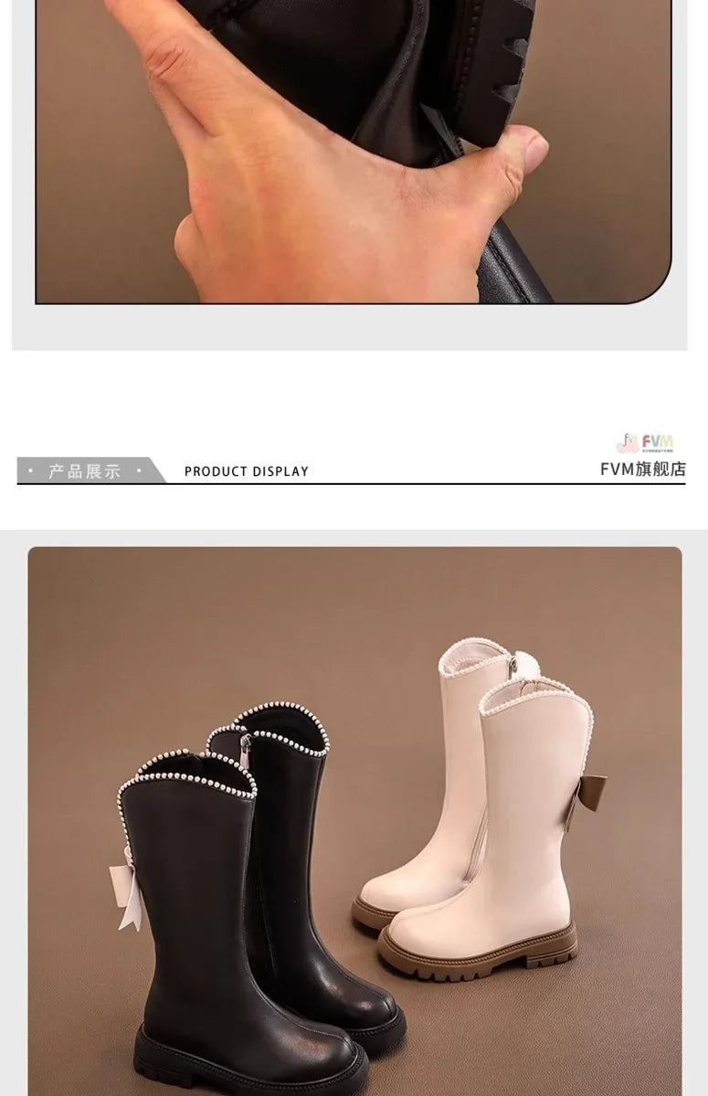 Long Boots for Girls and Children 2025 New Winter Long Leather Boots Princess Foreign Girls Plus Cashmere Shoes
