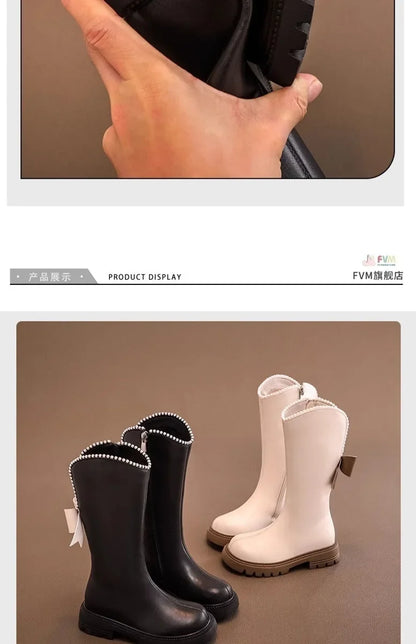 Long Boots for Girls and Children 2025 New Winter Long Leather Boots Princess Foreign Girls Plus Cashmere Shoes